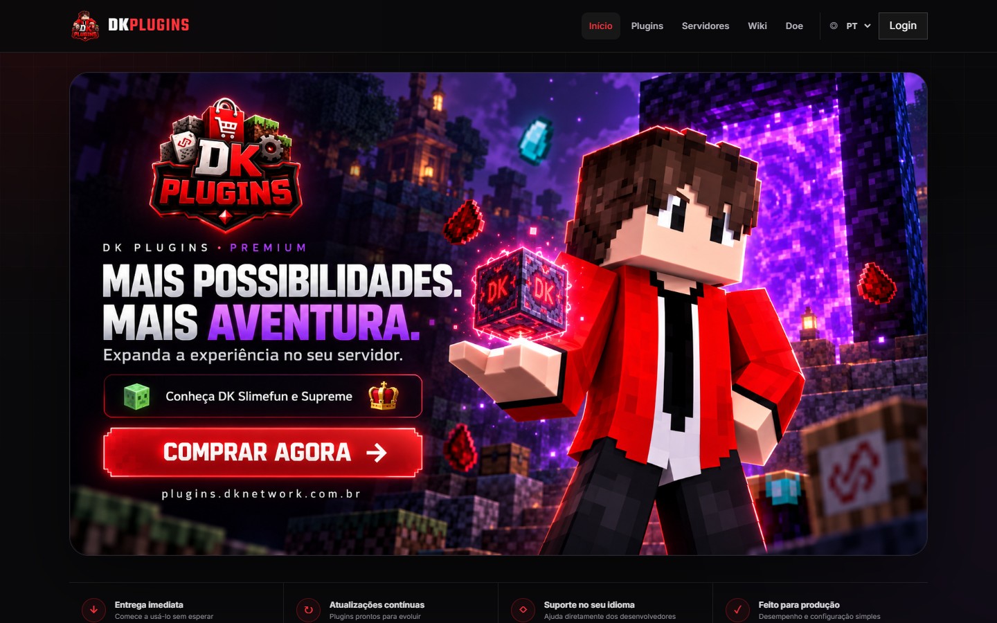 Página inicial do DK Plugins, projeto próprio da DK Network para servidores Minecraft